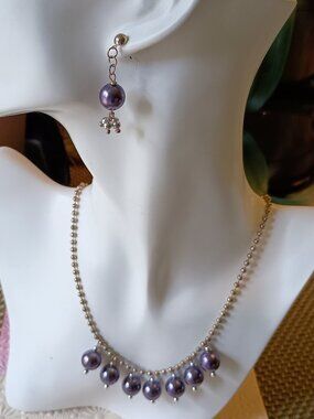 Artisan Necklace Matching Earrings Glass Pearls on Silver Plated Ball Chain